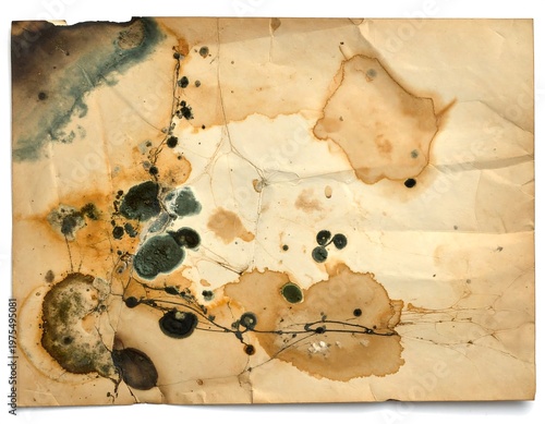 Crumpled paper with mold and stains, showcasing decay and texture