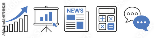 Business Icons: A collection of concise business icons symbolizing growth, analysis, news, calculations, and communication.