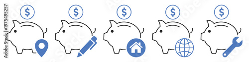 Savings Strategy: A collection of piggy banks, each representing a different financial goal, such as buying a home, starting a business, or planning a trip.