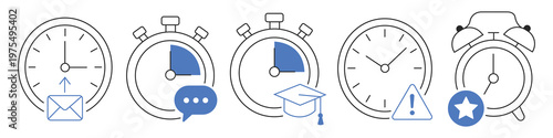 Time Management Icons: A visual representation of time management with clock and alarm clock icons symbolizing essential elements of organization, punctuality, and scheduling.