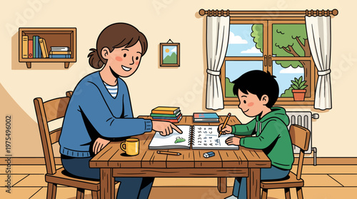 Mother Helping Child Study at Home Flat Vector Illustration, Homeschool Learning Concept. Perfect for education, parenting, homeschooling, and family bonding concepts.