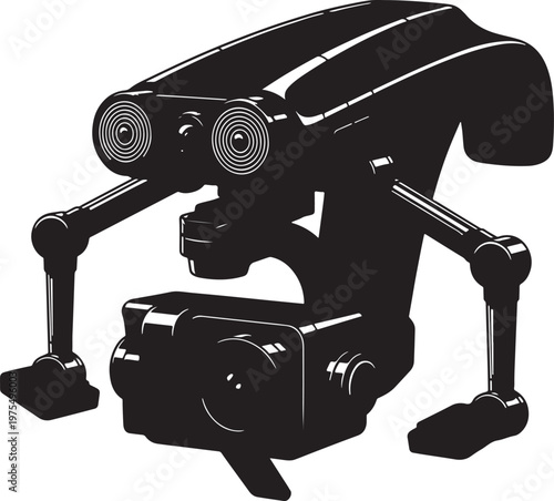 Retro futuristic robot vector illustration, vintage mechanical droid with camera lens, black and white robotic character for gaming and tech design