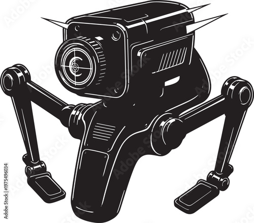 Futuristic surveillance robot drone vector, mechanical spider security camera with legs, black and white sci-fi robotic observer for tech concepts