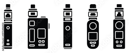 Electronic cigarette vape icon set, e-cigarette and vaping device symbols