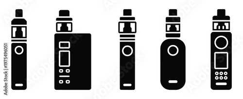 Electronic cigarette vape icon set, e-cigarette and vaping device symbols