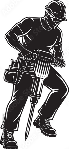 Construction worker using jackhammer vector illustration, male laborer with pneumatic drill, industrial builder in hard hat and safety gear