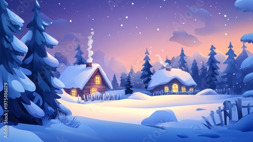 Snowy landscape with cozy cabins, glowing windows, and pine trees under a starlit winter sky