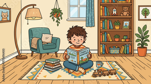 Young Boy Reading Stories on a Rug in a Cozy Playroom With Toys and Books