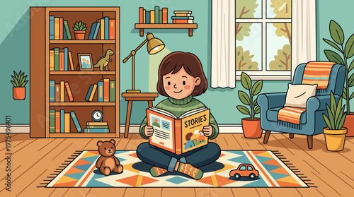 Young Boy Reading Stories on a Rug in a Cozy Playroom With Toys and Books