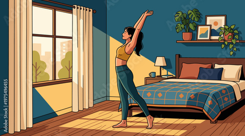 Woman Stretching and Waking Up in Cozy Bedroom Morning Sunlight Flat Vector Illustration
