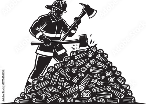 Vintage firefighter woodcutter vector, fireman chopping wood with axe, black and white woodcut style illustration of emergency worker