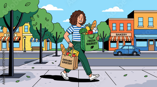 Smiling Woman Walking With Grocery Bags Along Tree-Lined Suburban Street On a Sunny Day,  Casual, eco-friendly lifestyle image conveying everyday errands, community and sunny weather.