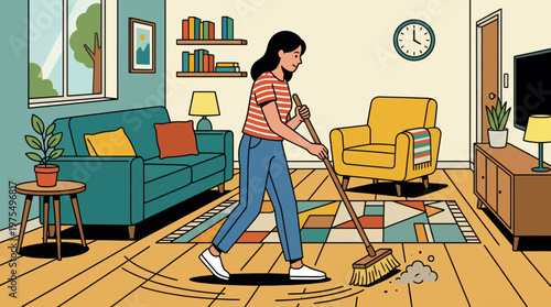 Woman Sweeping Floor and Cleaning Living Room Flat Vector Illustration