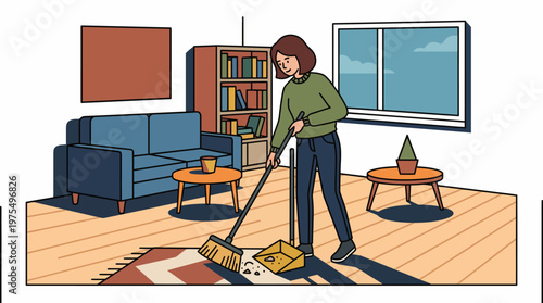 Woman Sweeping Floor and Cleaning Living Room Flat Vector Illustration