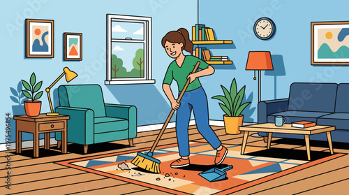 Woman Sweeping Floor and Cleaning Living Room Flat Vector Illustration