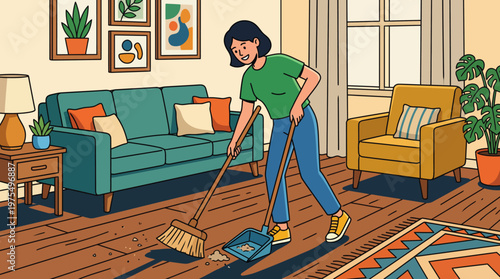Woman Sweeping Floor and Cleaning Living Room Flat Vector Illustration