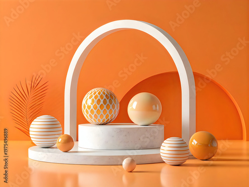 A white arch and several balls on an orange background