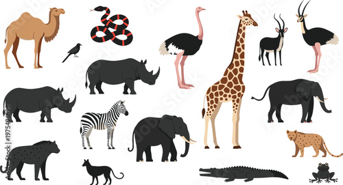 African Safari Animals Vector Illustration Set Featuring Giraffe, Elephant, Rhinoceros, Zebra, Ostrich, Antelope and Wildlife Character Collection Design.