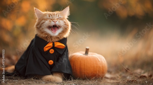 Ginger cat wearing costume laughing beside pumpkin in autumn, copy space