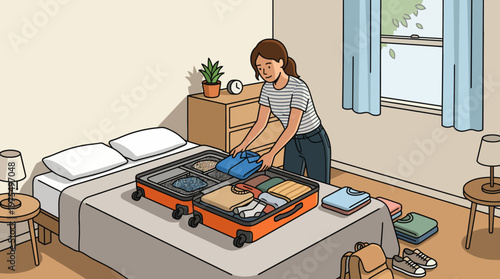 A young woman folds and packs clothes into an open suitcase on a bed, organizing items for travel in a tidy, sunlit bedroom, conveying preparation, organization and anticipation for a trip