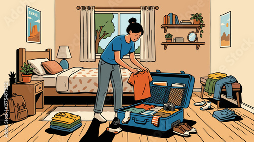  A young woman folds and packs clothes into an open suitcase on a bed, organizing items for travel in a tidy, sunlit bedroom, conveying preparation, organization and anticipation for a trip