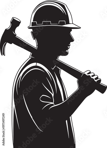 Construction worker silhouette with hard hat and hammer, professional contractor profile vector, industrial handyman and builder icon