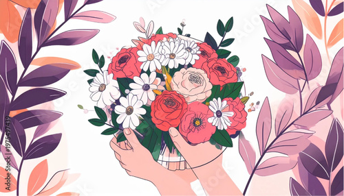 Hands Holding Colorful Flower Bouquet.