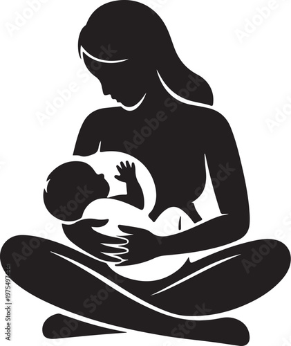 Mother breastfeeding baby sitting cross-legged vector silhouette