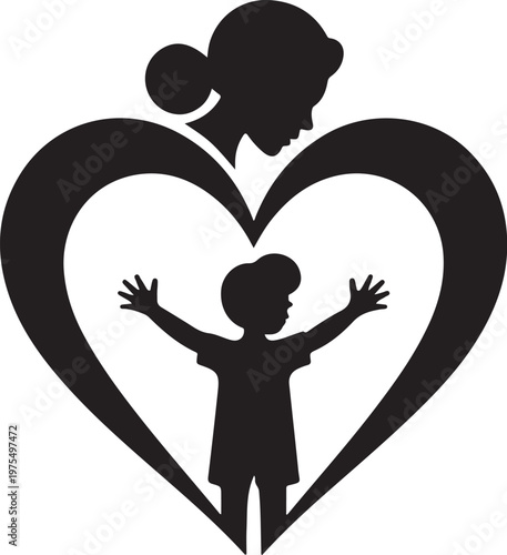 Mother and child in heart shape silhouette vector graphic