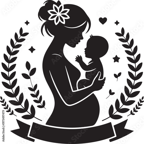 Black silhouette of mother holding baby surrounded by leaves and flowers