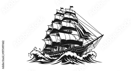Large Sailing Ship on Ocean Waves.