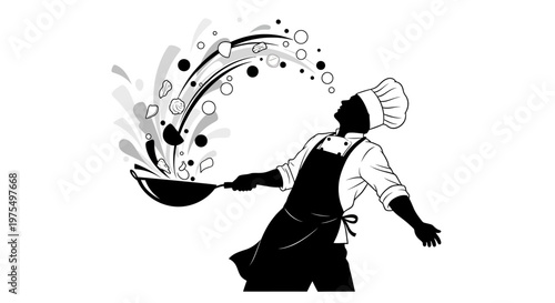 Chef in apron holding frying pan.