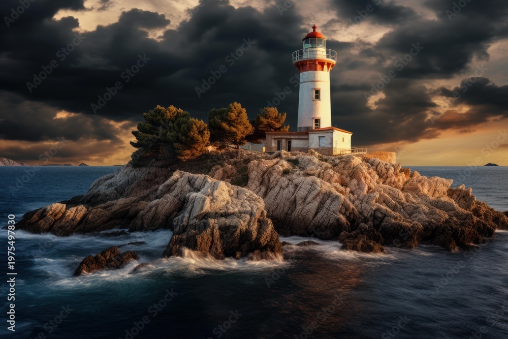 Fototapeta premium Lighthouse illuminating a rugged coastline with dramatic sky and ocean waves during sunset