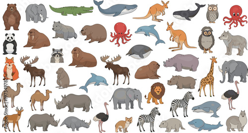 Canvas Print Large Collection of Wild Animals Vector Illustration Featuring Elephant, Lion, Zebra, Dolphin, Kangaroo, Owl, Crocodile and Diverse Wildlife Character Set