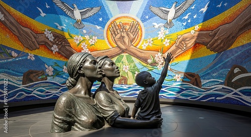Bronze sculpture of mother and child with vibrant mural background.