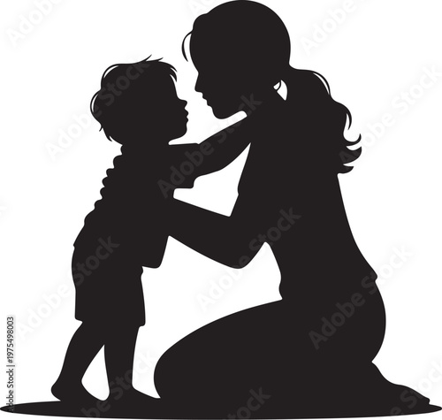 Silhouette of mother and child in loving embrace isolated on white
