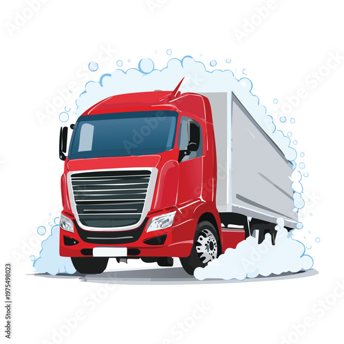 Bright red semi truck driving through soap suds isolated on white