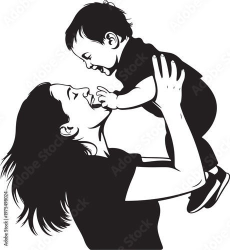 Black and white illustration of a woman lifting a baby in the air with joy and love