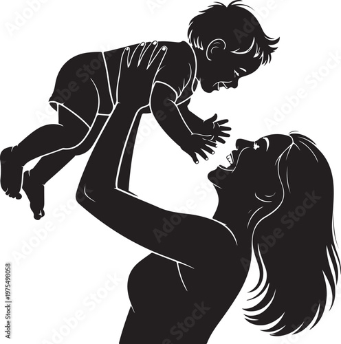 Silhouette of woman holding baby in air playfully