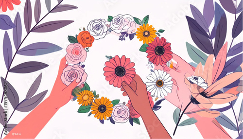 Hands Holding Colorful Flower Wreath.
