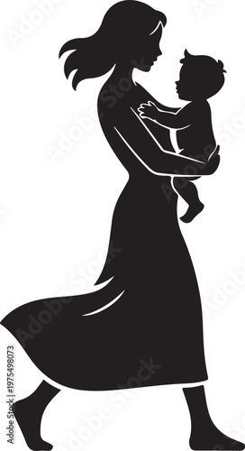 Mother holding baby in her arms walking silhouette vector graphic