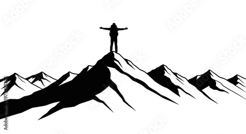 Person standing on mountain peak triumphantly.