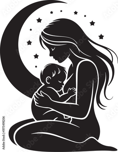 Mother holding baby in front of crescent moon and stars vector illustration