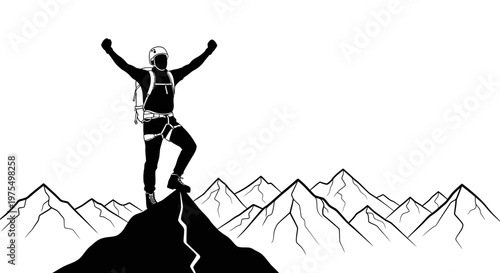 Man standing on mountain peak triumphantly.