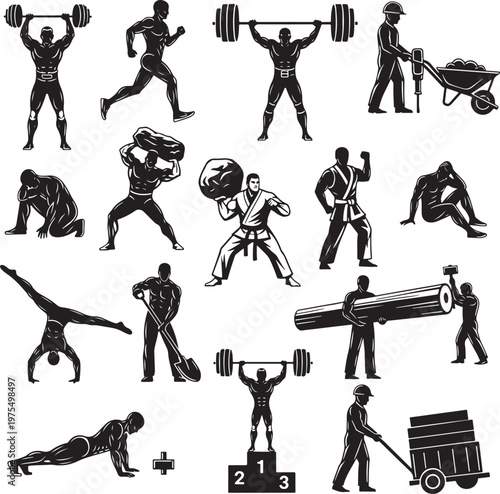 Strongman and athlete silhouette collection, black and white fitness icons, muscular men lifting weights and working, sports and labor vector set