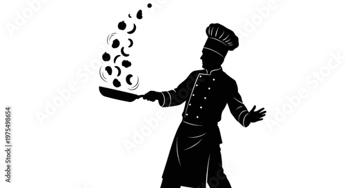 Chef tossing food in pan.