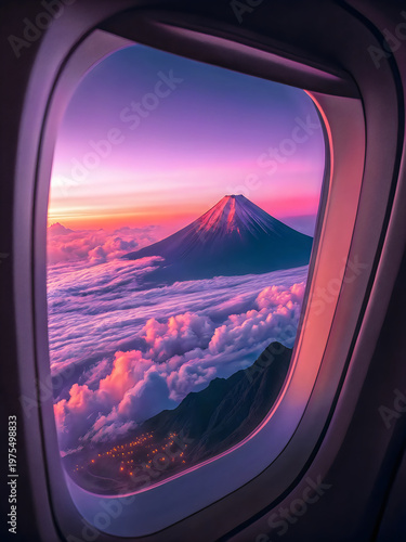 View of a mountain from an airplane window at sunset