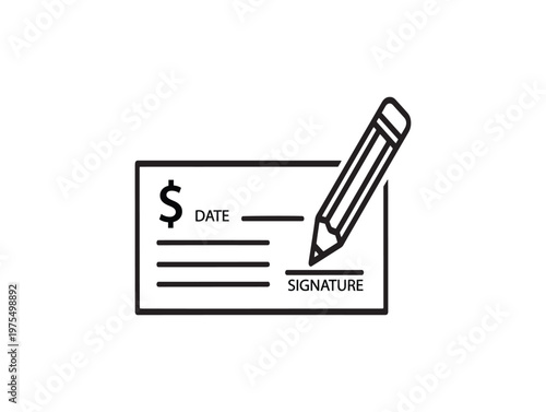 Title simple line drawing of a check with a pencil resting on top representing finance description a minimalist black and white illustration