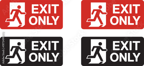Red and black exit only signs with running man pictogram door icon set vector illustration isolated on checkered backgrounds.