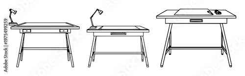Architectural drafting table technical blueprint set with geometric line art design featuring drawing tools, engineering instruments, design studio with stationery and supplies